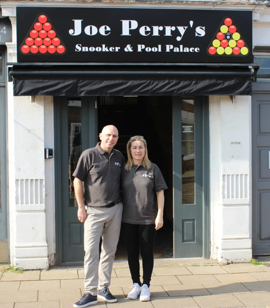 Professional snooker player Joe and his partner Penny Richardson on the opening day of Joe Perry’s Snooker and Pool Palace, in Chatteris