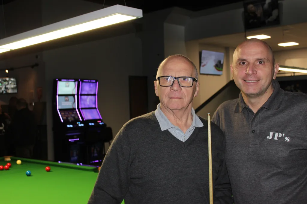 Joe Perry, right, with his dad, Chatteris resident Peter on the opening day of Joe Perry’s Snooker and Pool Palace, in Chatteris