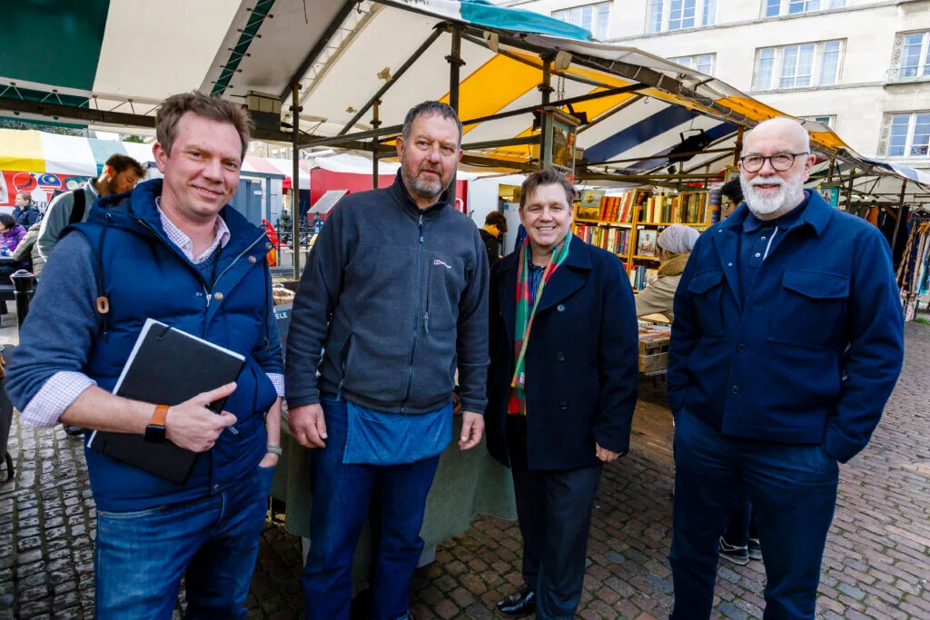 Dr Nik Johnson, Mayor of Cambridgeshire and Peterborough last week visited sites in central Cambridge earmarked to benefit from £4.5 million arts and culture funding from the Cambridgeshire & Peterborough Combined Authority. Pictured: Tim Jones Market and Street Trading Manager with Dr Nik Johnson and Cllr Mike Davey Leader of Cambridge City Council.