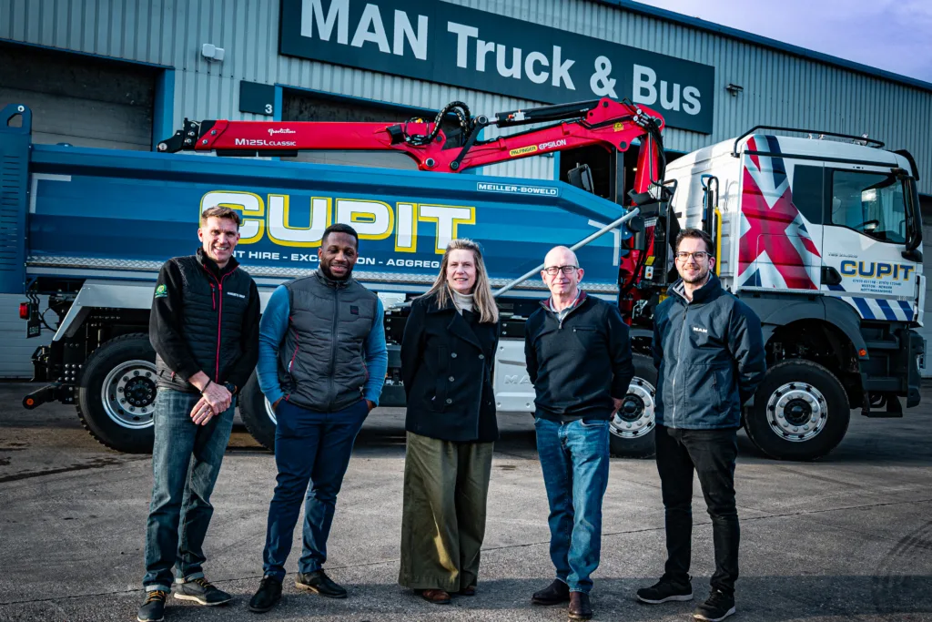 Peter Williams Manchetts operations manager, Jerome Mitchell MAN network manager, Eva Evans MAN head of network and strategic development, Robert Manchett director, Aaron Woods Manchetts operations manager at Sleaford.