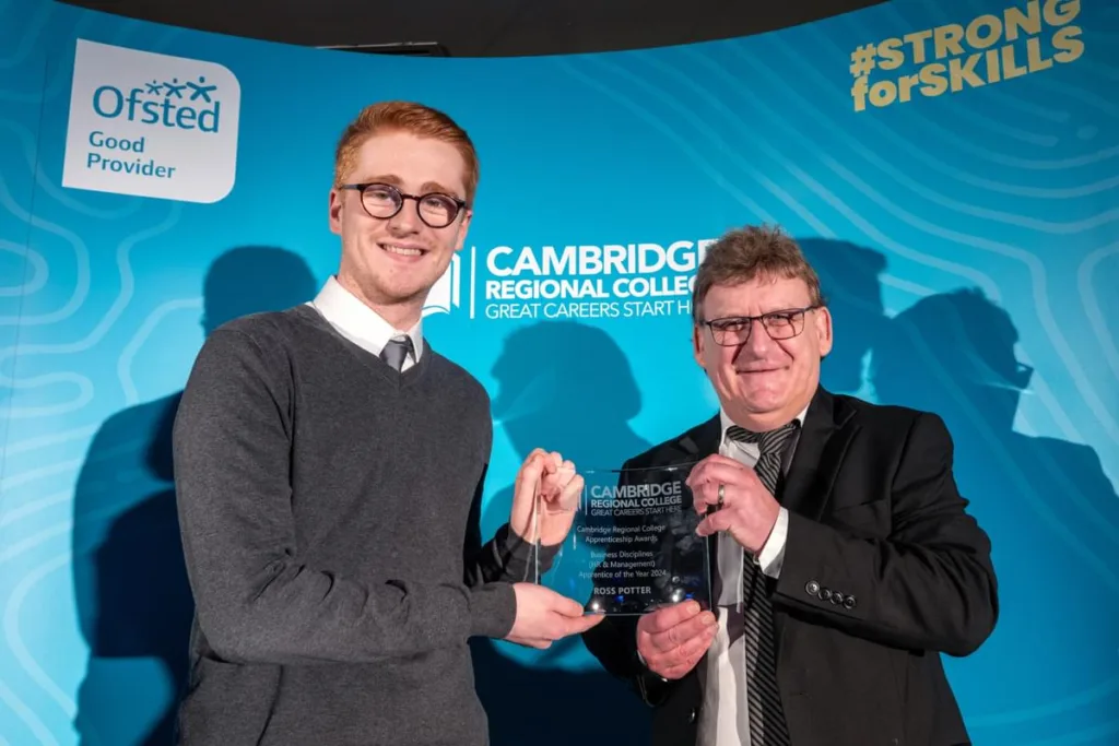 Business disciplines (HR & Management) Apprentice of the Year 2024 Fenland District Council’s Ross Potter with Mark Robertson Cambridge Regional College (CRC) principal