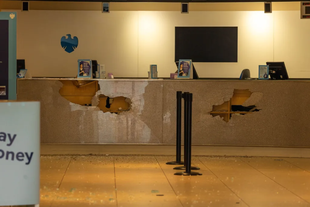 Glass counters have been damaged, three main windows broken, and two external wall mounted ATM machines have been damaged during a break in today at Barclays Bank, Peterborough City Centre. PHOTO: Terry Harris 
