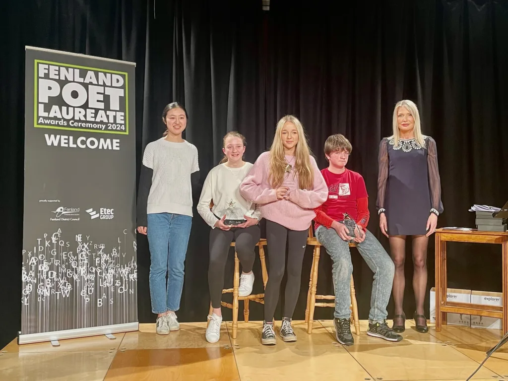 Pictured at the Fenland Poet Laureate awards are, from left, outgoing Fenland Poet Laureate, judge, and co-host Qu Gao, third place Young Fenland Poet Laureate runner-up Lydia Shillings, new 2024 Young Fenland Poet Laureate Lacey Vinn, second place Young Fenland Poet Laureate runner-up Nathanael Wilson, and Fenland Poet Laureate judge and co-host, Cllr Elisabeth Sennitt Clough. PHOTO: Tim Chapman