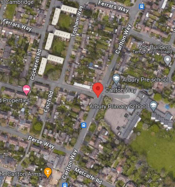 Police were called by the ambulance service at 5.19am this morning (Sunday) with reports of a stabbing in Carlton Way, Cambridge. The man was later pronounced dead. IMAGE: Google