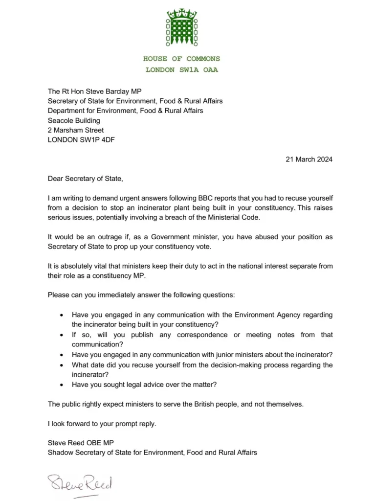 Labour’s Shadow Secretary of State for the Environment, Steve Reed, has written to Mr Barclay asking for an explanation. 