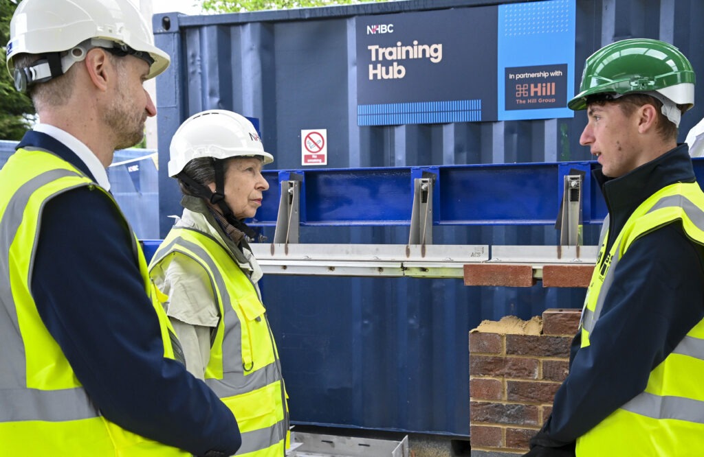 The Princess Royal officially opens the NHBC Training Hub, adjacent to Histon Football Club, Impington, Cambridge; it can train 80 apprentices all year round. PHOTO: NHBC 