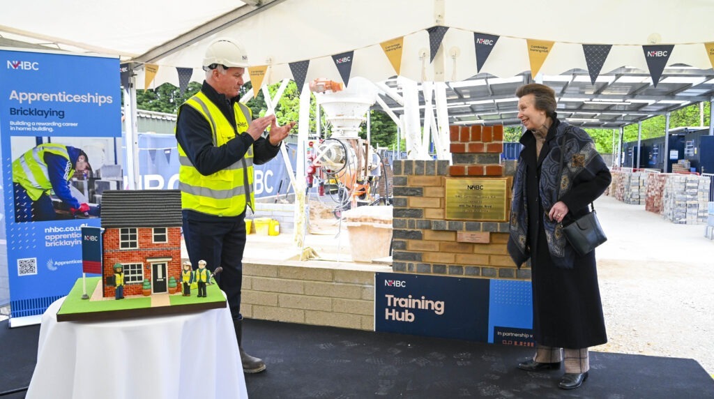 The Princess Royal officially opens the NHBC Training Hub, adjacent to Histon Football Club, Impington, Cambridge; it can train 80 apprentices all year round. PHOTO: NHBC 