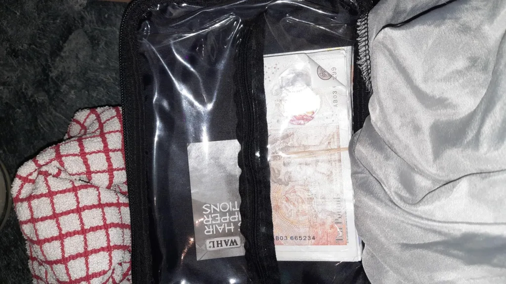 Lee Welsford, jailed, and photographs of drugs and cash seized by Cambridgeshire police. 