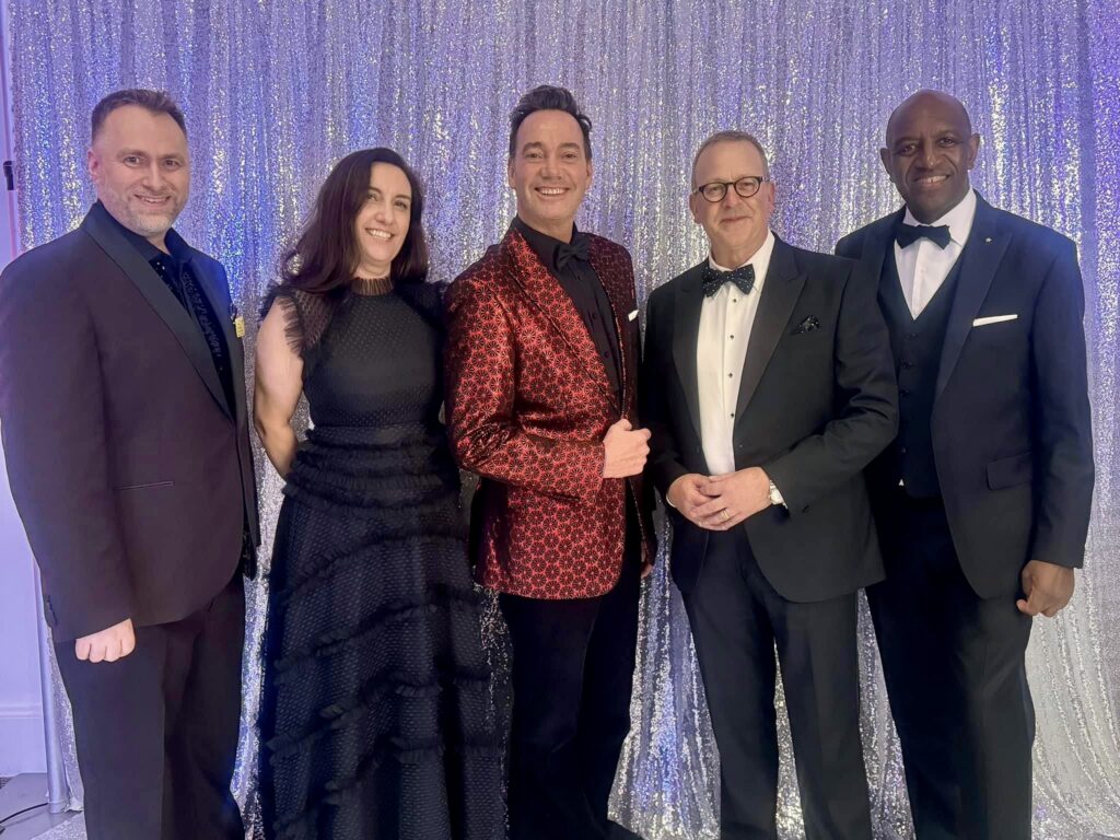 •Celebrating a fab-u-lous evening, left to right Philip Fearn, Charity Project Manager for North West Anglia Hospitals’ Charity, NWAFT Chief Executive, Hannah Coffey, Hospitals’ Charity patron, Craig Revel Horwood, NWAFT Chair Professor Steve Barnett and ball host Ian Irving.