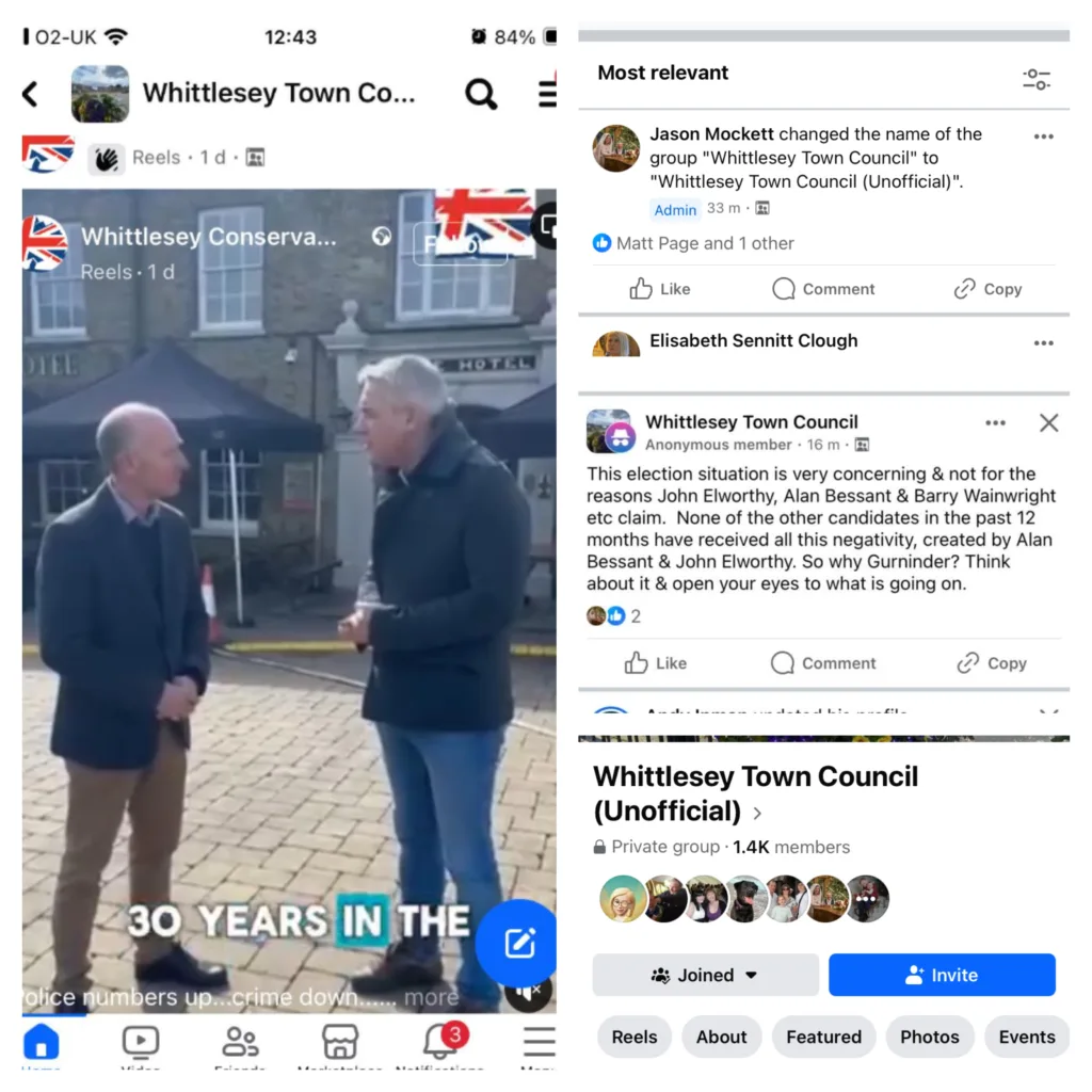A snapshot of social media comment and coverage of the official/unofficial Facebook group for Whittlesey Town Council. Videos made by MP Steve Barclay breached election rules and were removed