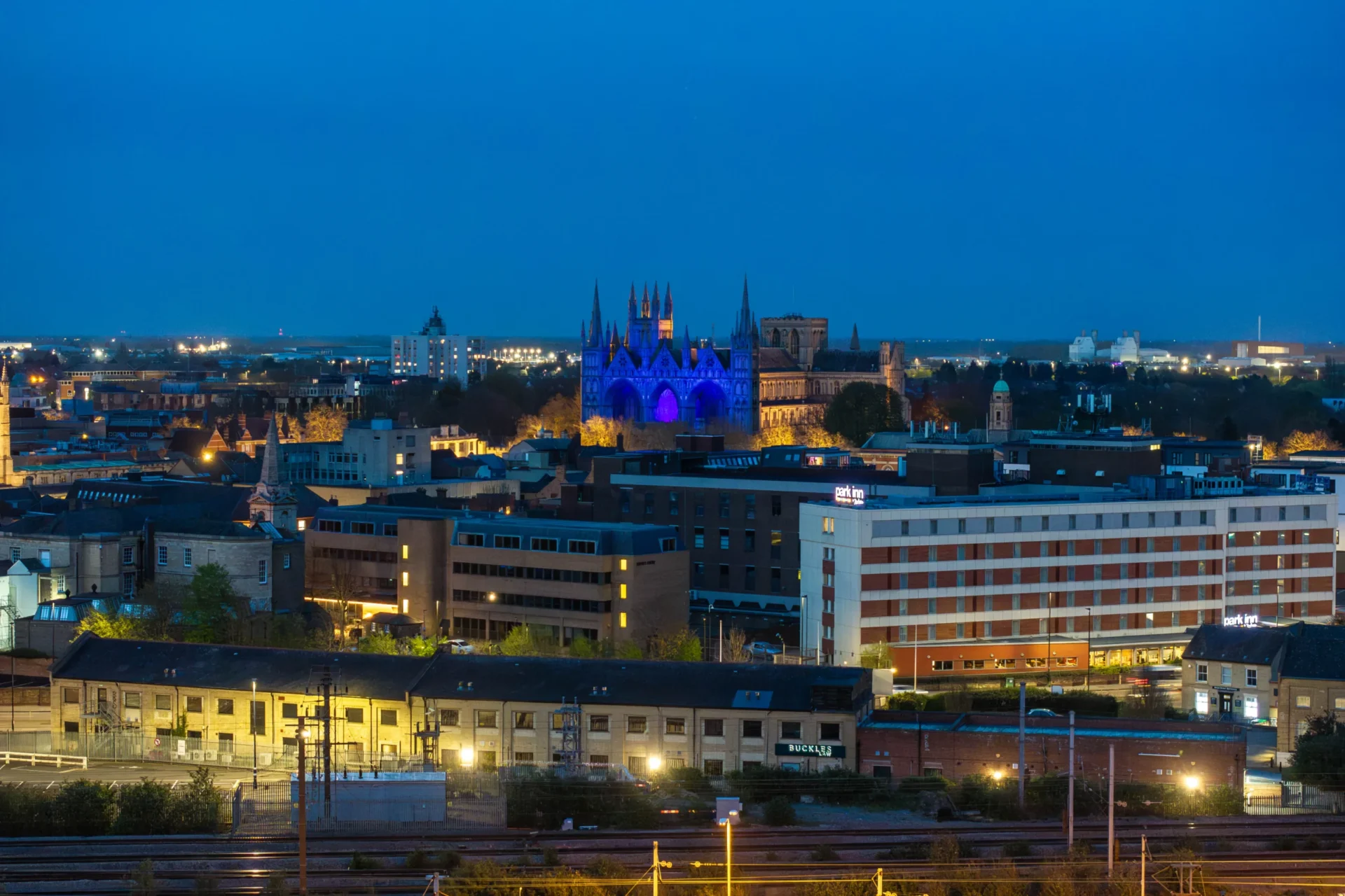 Peterborough Cathedral is lit up blue and shines across the city as it shows its support for Peterborough United, City, Peterborough Friday 05 April 2024. Picture by Terry Harris.