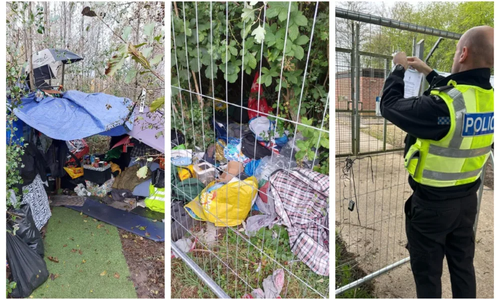 Police pin a closure order to the land where rough sleeping is banned, and anyone caught there risks prosecution. Police also released photos – not all recent – of evidence of people living there.