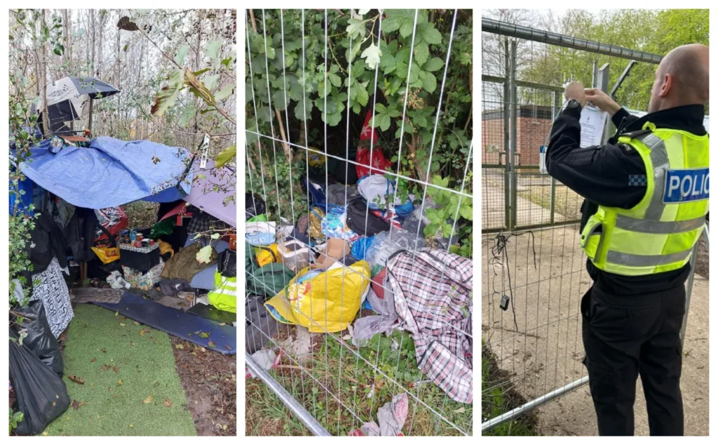 Police pin a closure order to the land where rough sleeping is banned, and anyone caught there risks prosecution. Police also released photos – not all recent – of evidence of people living there.