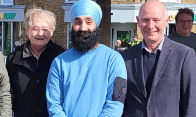Gurninder Singh Gill (centre) flanked by Whittlesey mayor Cllr Kay Mayor and the Conservative police and crime commissioner candidate Darryl Preston