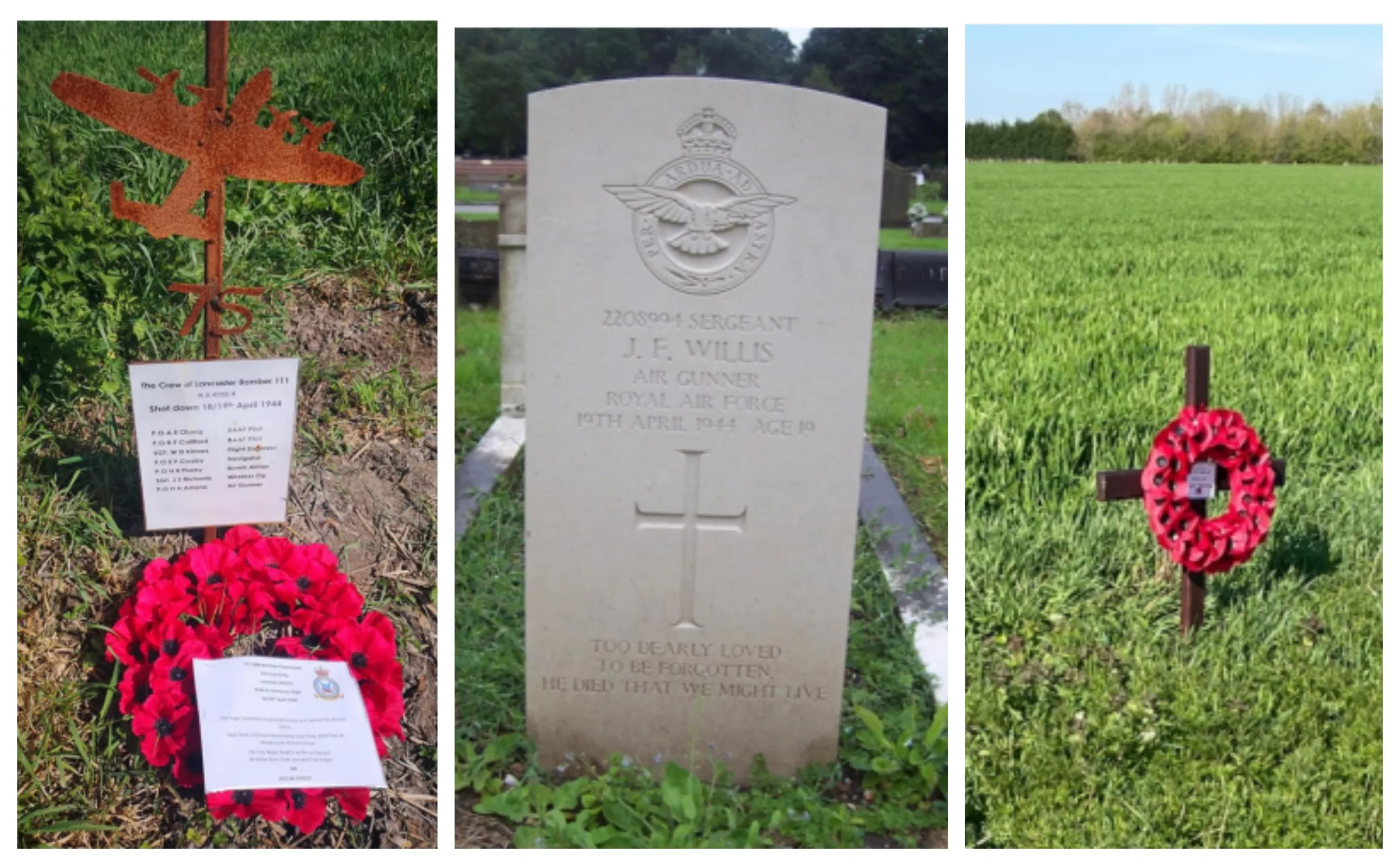 From left: Anniversary memorial placed by Brown Family, The grave of Sgt John Willis, Bury Cemetery, Lancashire, and memorial placed by local resident