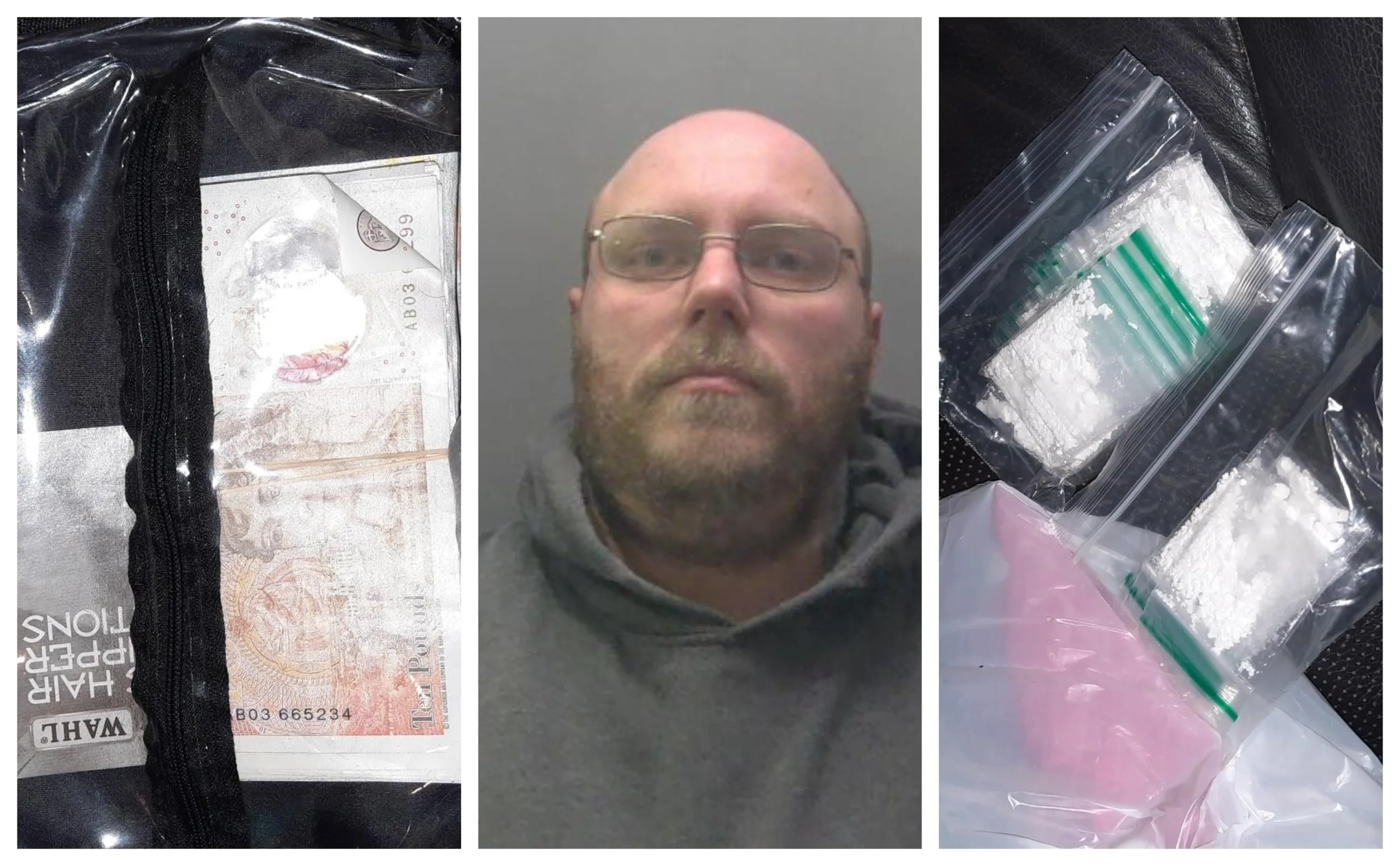 Lee Welsford, jailed, and photographs of drugs and cash seized by Cambridgeshire police.