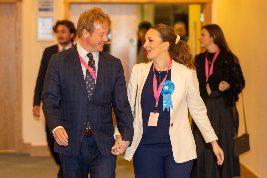 MP Paul Bristow arrives at the count on Thursday night with his wife Sarah who stood for Werrington in the city council elections as a Conservative candidate but was unsuccessful. Photo: Terry Harris 