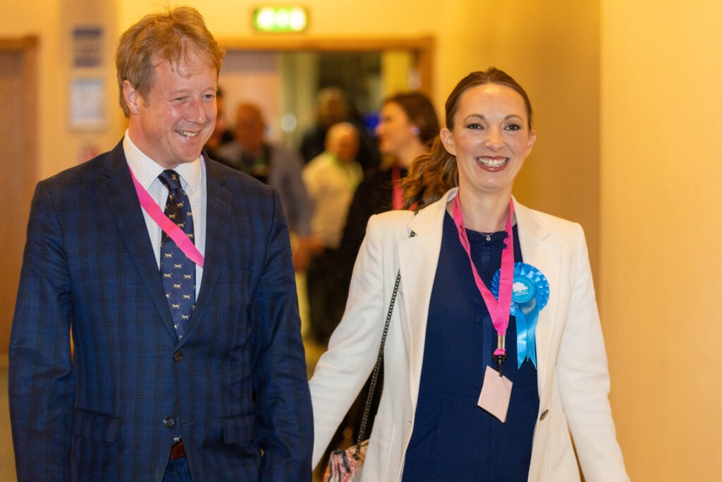 MP Paul Bristow arrives at the count on Thursday night with his wife Sarah who stood for Werrington in the city council elections as a Conservative candidate but was unsuccessful. Photo: Terry Harris