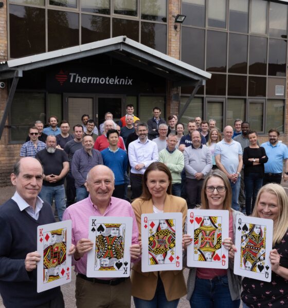 Thermoteknix celebrates a fifth Royal award. Pictured front - from left - Bruce Cairnduff (Engineering Manager), Richard Salisbury (Managing Director and Company Founder), Anna Kwiecień (Purchasing Administrator), Hollie Walsh (Sales Co-Ordinator) and Louise Barton (Office Manager) celebrating their success in securing another Royal award with Thermoteknix staff outside their headquarters in Cambridge, United Kingdom.