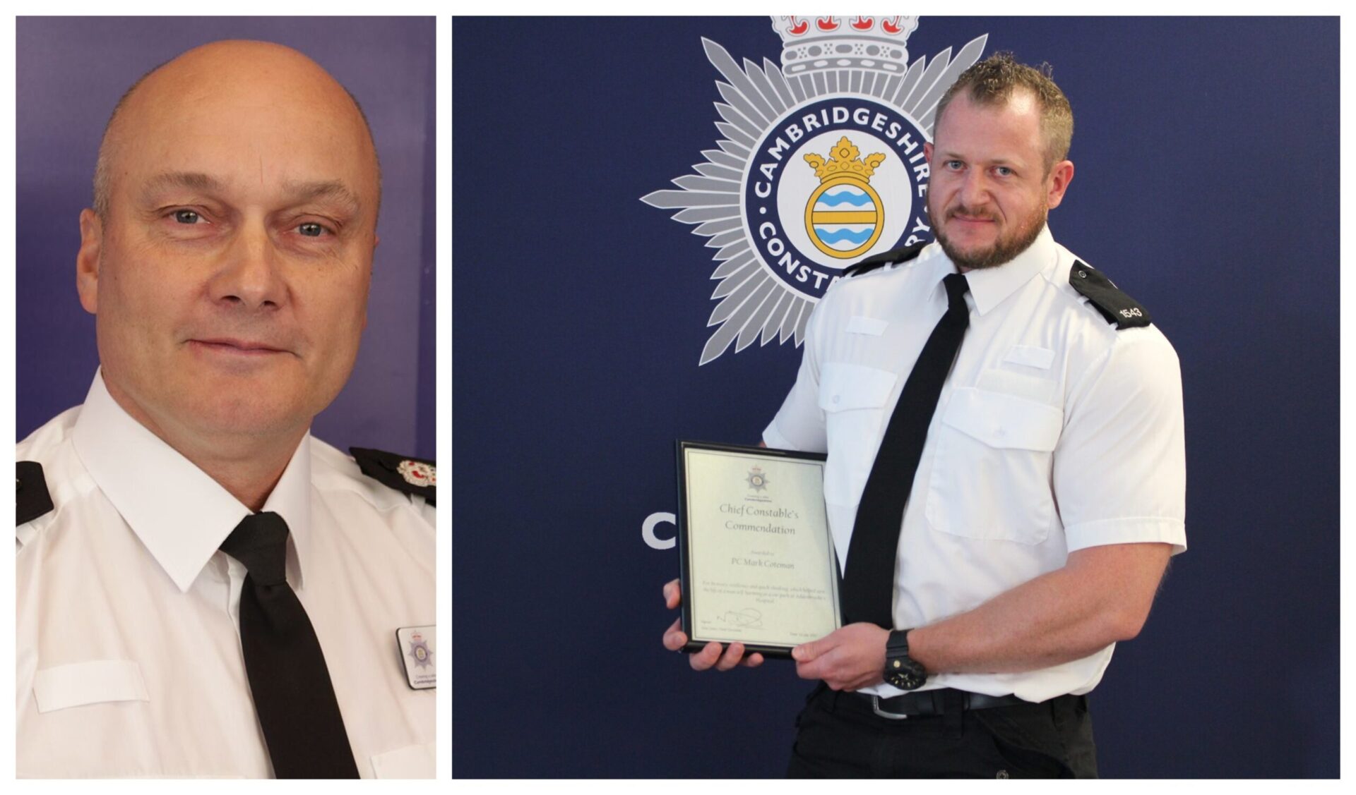 coteman and dean - News for Peterborough and Cambridgeshire News for Peterborough and Cambridgeshire - Chief constable Nick Dean (left) who had previously commended disgraced police officer Mark Coteman (right) for bravery, resilience, and quick thinking’