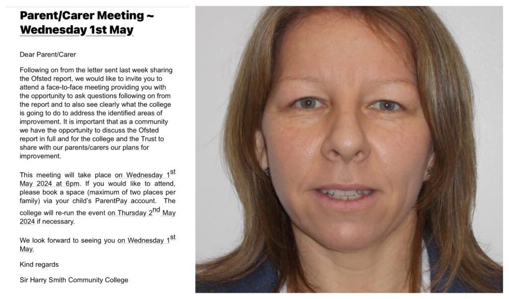 Principal Dawn White and notice of parents/carers meeting to discuss the Ofsted report 