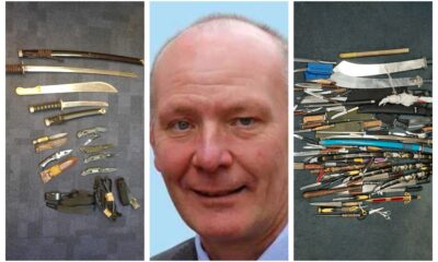Police and Crime Commissioner Darryl Preston with amnesty weapons at Parkside police station Cambridge (left) and Thorpe Wood police station (right)