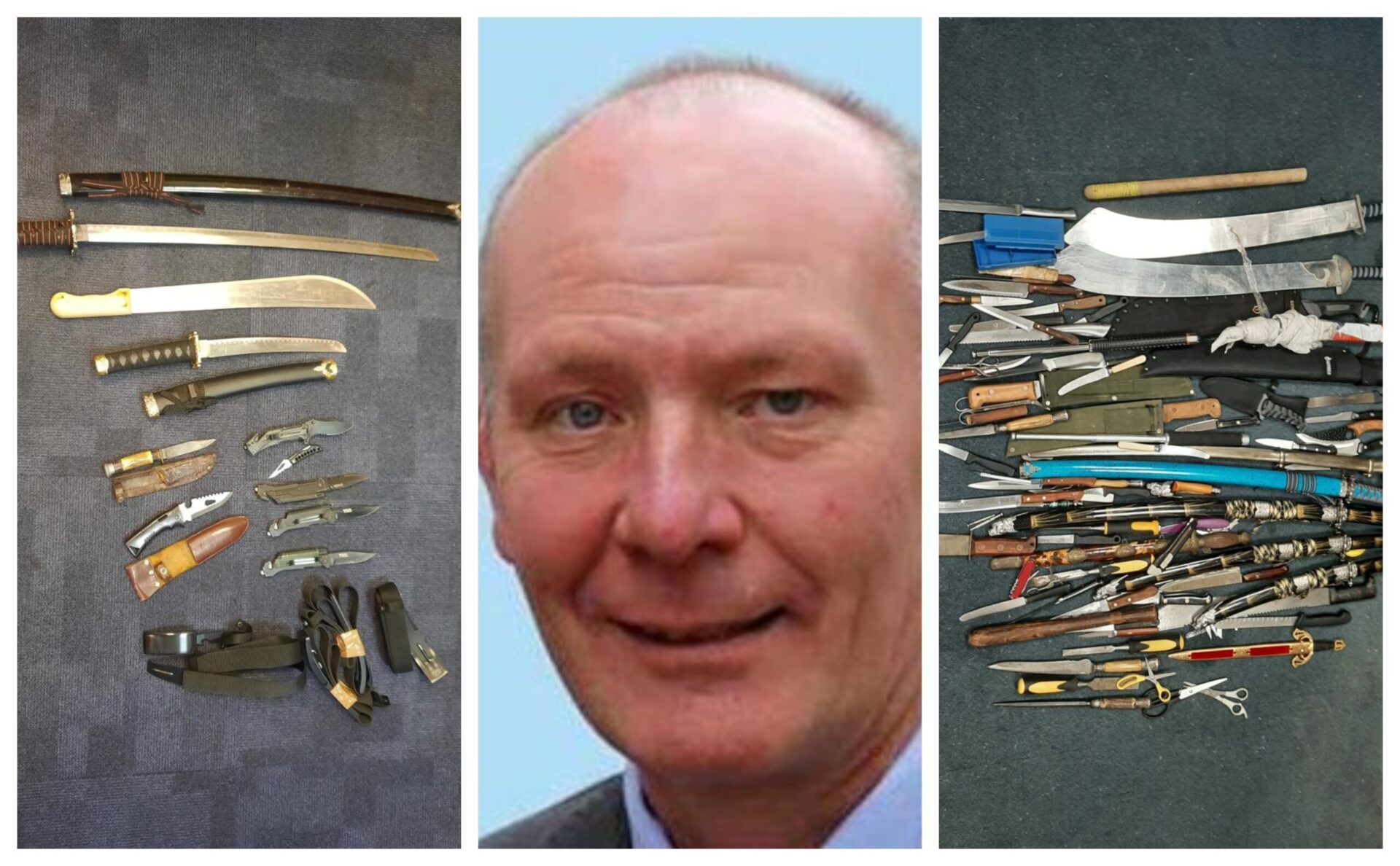 News for Peterborough and Cambridgeshire - Police and Crime Commissioner Darryl Preston with amnesty weapons at Parkside police station Cambridge (left) and Thorpe Wood police station (right)