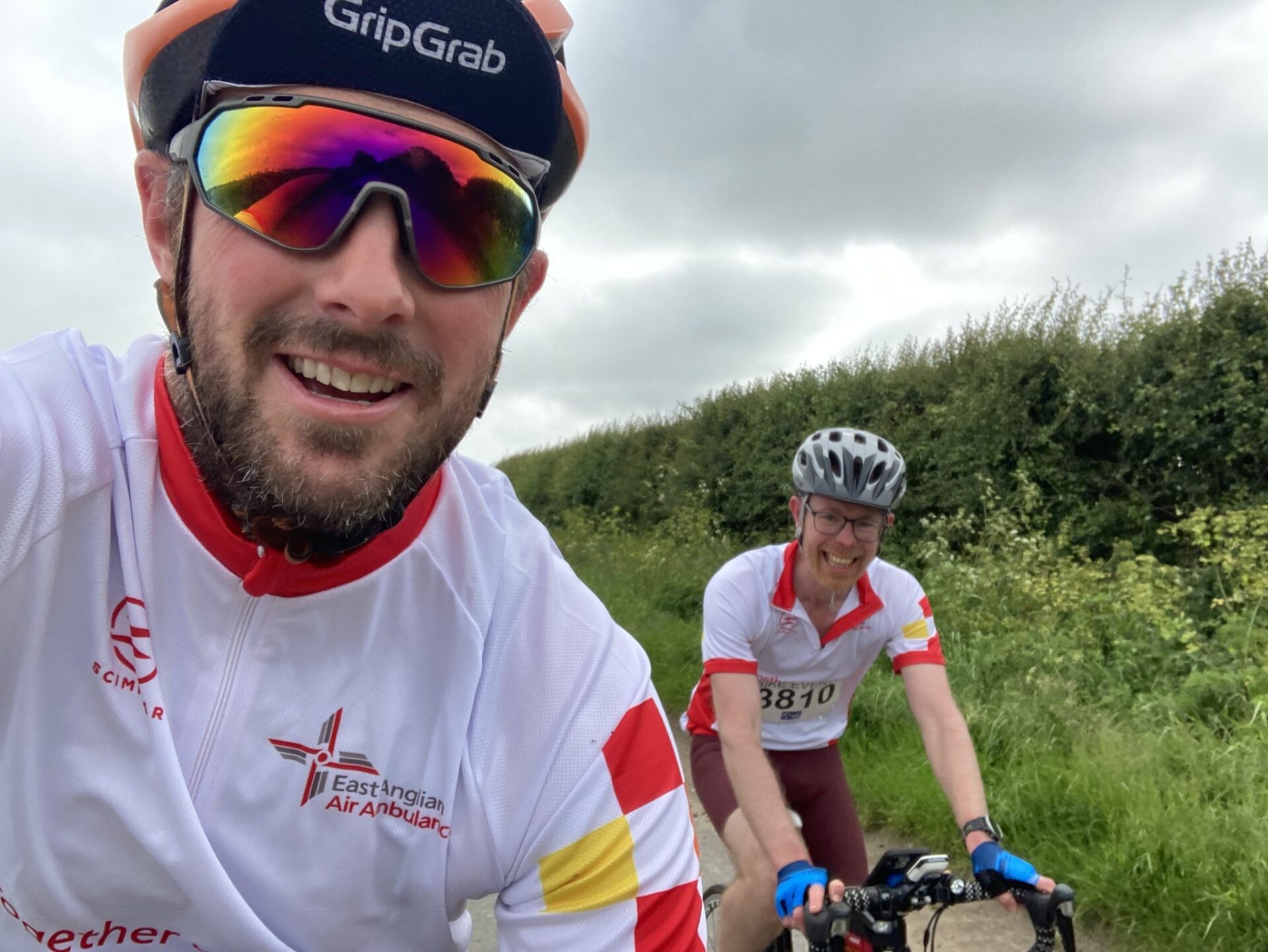 News for Peterborough and Cambridgeshire - Keiran Williams (L) and Adam Clarke (R) at the Norwich 100 riding in East Anglian Air Ambulance kit