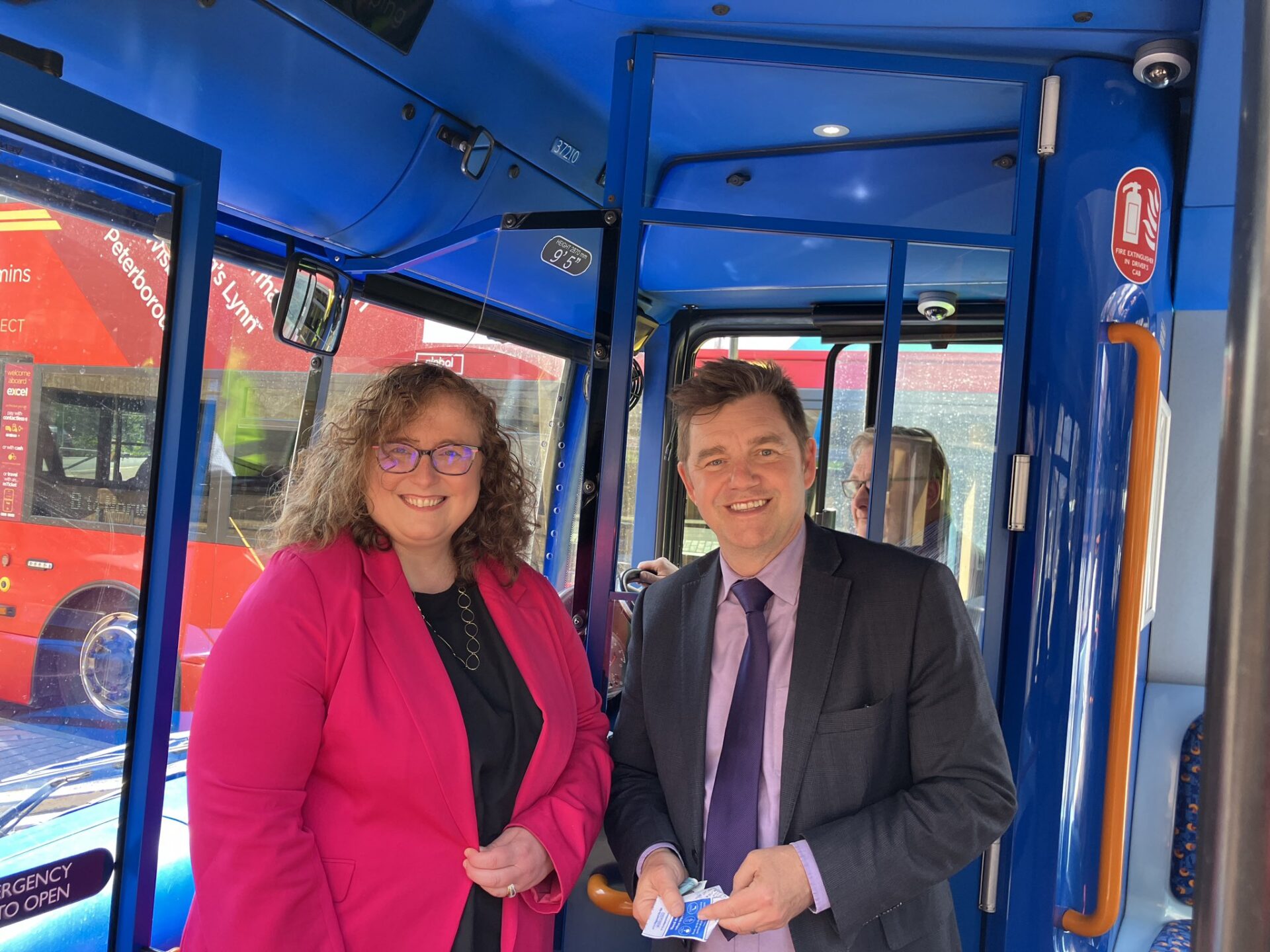 News for Peterborough and Cambridgeshire - Mayor Dr Nik Johnson and Cllr Anna Smith, deputy mayor, in June joined local bus campaigners on the new 27 Stagecoach bus from Peterborough to Stamford that is being funded by Cambridgeshire and Peterborough Combined Authority.
