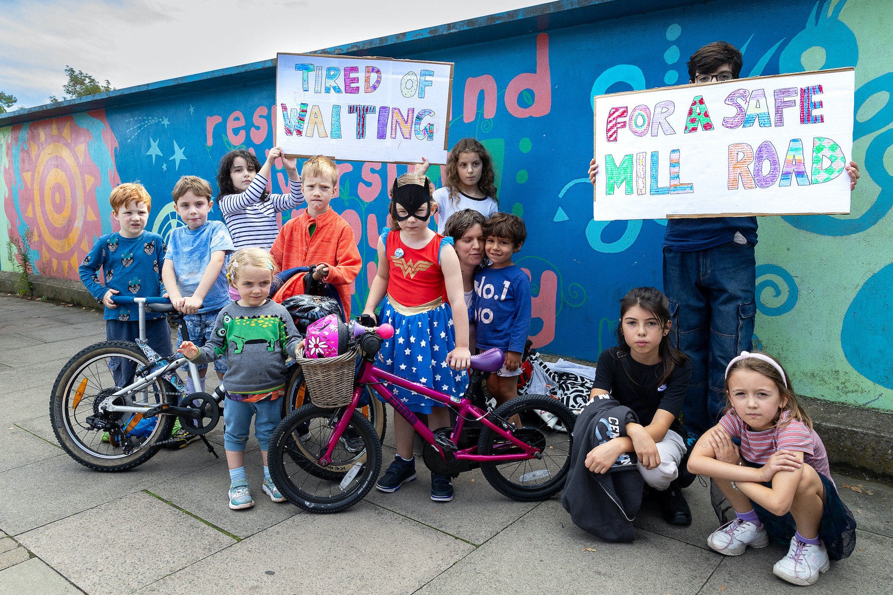 MillRoad_TiredOfWaiting1 - News for Peterborough and Cambridgeshire News for Peterborough and Cambridgeshire - Children took part in a protest to support a bus gate for Mill Road bridge Cambridge. PHOTO: Camcycle