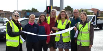 GCP chair Cllr Elisa Meschini cut a ribbon to mark the completion of the new Cycle Optimised Protected Signals (CYCLOPS) junction at Milton Road/King’s Hedges Road on Friday