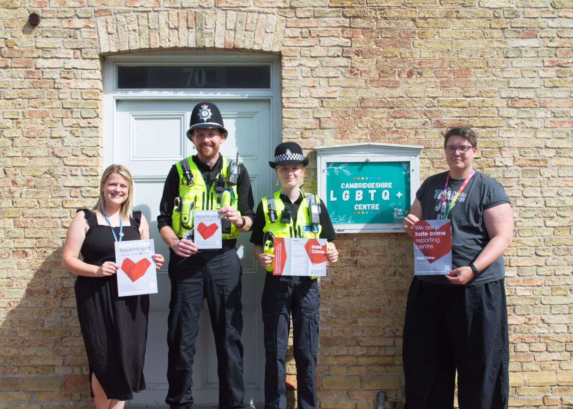 The Kite Trust hate crime reporting centre (002) - News for Peterborough and Cambridgeshire News for Peterborough and Cambridgeshire - Pip Gardner from The Kite Trust (R) is pictured with Harriet from East Cambs CSP and representatives of East Cambs Police