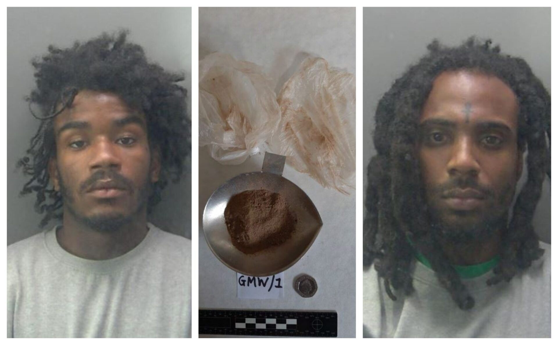 drugs main 1 - News for Peterborough and Cambridgeshire News for Peterborough and Cambridgeshire - Custody photos of David Rosa (left) and Lemar Griffiths with drugs seized upon Griffiths’ arrest. Image: Cambridgeshire police