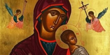 Icon stolen from Cambridge chapel: The icon depicts the Virgin and Child (Mother of the God of the Passion) with two archangels. It is painted on a wooden board with gold-leafed background and a red border.