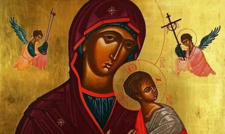 gilded icon 2 - News for Peterborough and Cambridgeshire News for Peterborough and Cambridgeshire - Icon stolen from Cambridge chapel: The icon depicts the Virgin and Child (Mother of the God of the Passion) with two archangels. It is painted on a wooden board with gold-leafed background and a red border.