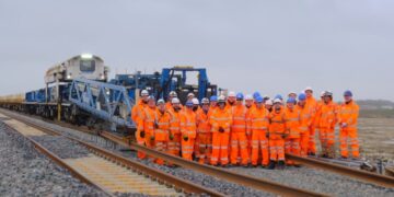 Track laying late last year along first connection stage of East West Rail (EWR) as the New Track Construction (NTC) train completes its 58th and final shift