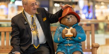 One of 23 Paddington Statues unveiled at Queensgate Shopping Centre., Queensgate, Peterborough Wednesday 09 October 2024. Mayor Marco Cereste did the unveiling honours