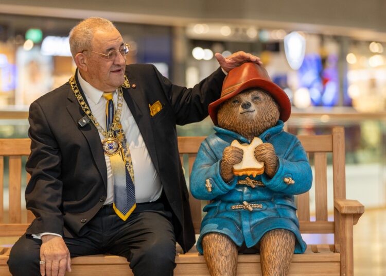 One of 23 Paddington Statues unveiled at Queensgate Shopping Centre. - News for Peterborough and Cambridgeshire News for Peterborough and Cambridgeshire - One of 23 Paddington Statues unveiled at Queensgate Shopping Centre., Queensgate, Peterborough Wednesday 09 October 2024. Mayor Marco Cereste did the unveiling honours