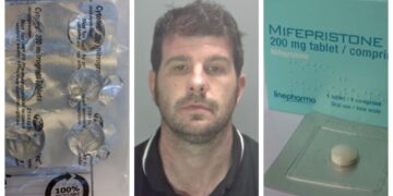 Images attached show the blister pack found in Worby's bin, an example of the blue packet containing Mifepristone which was never recovered, and a custody image of Stuart Worby.
