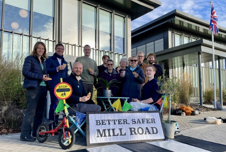 cam cycle - News for Peterborough and Cambridgeshire News for Peterborough and Cambridgeshire - Supporters of the TRO for Mill Road bridge filter assemble outside New Shire Hall Alconbury ahead of today’s Cambridgeshire County Council committee meeting.