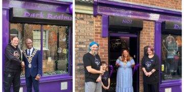  Dark Realms in Market Street Wisbech – it had its initial opening May 2023 by Mayor Cllr Susan Wallwork (right) and (left) the newly revamped and expanded store being reopened on October 5th, 2024, by Wisbech Mayor Cllr Sidney Imafidon
