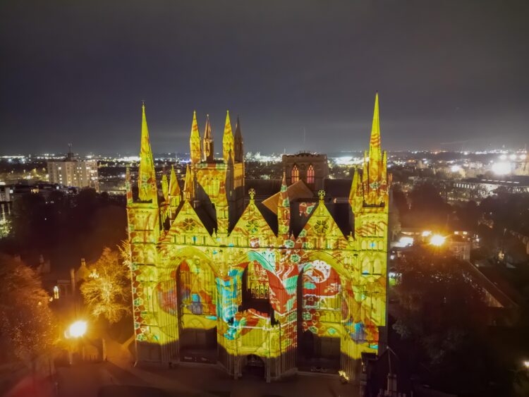 News for Peterborough and Cambridgeshire - Luxmuralis is the name given to the artistic collaboration between Peter Walker sculptor and David Harper composer. The spectacular event is running at Peterborough Cathedral until November 16. Picture by Terry Harris.