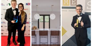Elliot Ewing winning gold in the SME Business Awards for Cambridgeshire on behalf of TEREYN Architects in the category of Business Person of the Year 2024 (right) and left winning silver at National Building and Construction Awards. Centre is one of the firm’s projects.