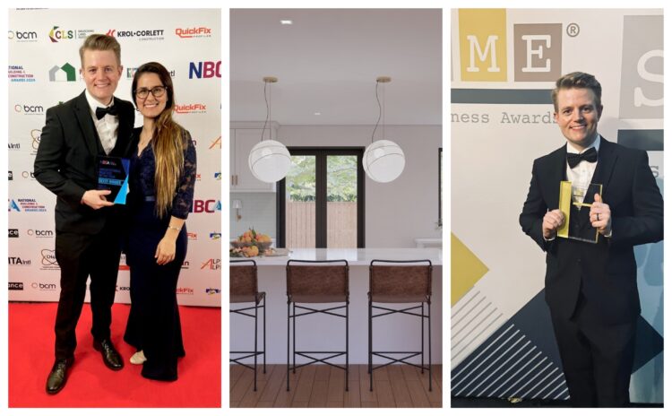 gold final - News for Peterborough and Cambridgeshire News for Peterborough and Cambridgeshire - Elliot Ewing winning gold in the SME Business Awards for Cambridgeshire on behalf of TEREYN Architects in the category of Business Person of the Year 2024 (right) and left winning silver at National Building and Construction Awards. Centre is one of the firm’s projects.