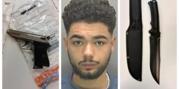 Custody image of drug dealer Jermaine Rowe as well as the knife and gun police in Cambridge recovered after a pursuit. IMAGES: Cambridgeshire Police