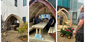 Jennie Grainger – Lead Volunteer Gardener and Staff Reflection Garden designer – with some of the Wood Wizards team installing the pods at Peterborough City Hospital