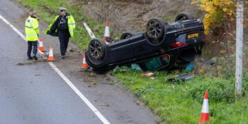 Police on scene after car overturns today (November 17th) on Peterborough Parkway PHOTO: Terry Harris