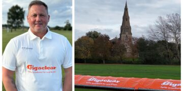Darren Glough (left) and Gigaclear's Sports Fund has provided Alconbury Recreation Field Charity with a new set of mobile cricket covers