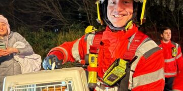 Mission accomplished: Cottenham firefighters when they were asked to call in to Trumpington to assist in getting a 6 month old kitten out of a tall tree. PHOTO: Cottenham Community fire and rescue station