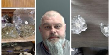 Custody photo of Colin Day of Chatteris and some of the drugs found at his home. Officers conducted a warrant at the property in Hilda Clarke Close, Chatteris, at about 1pm on 25 March 2022